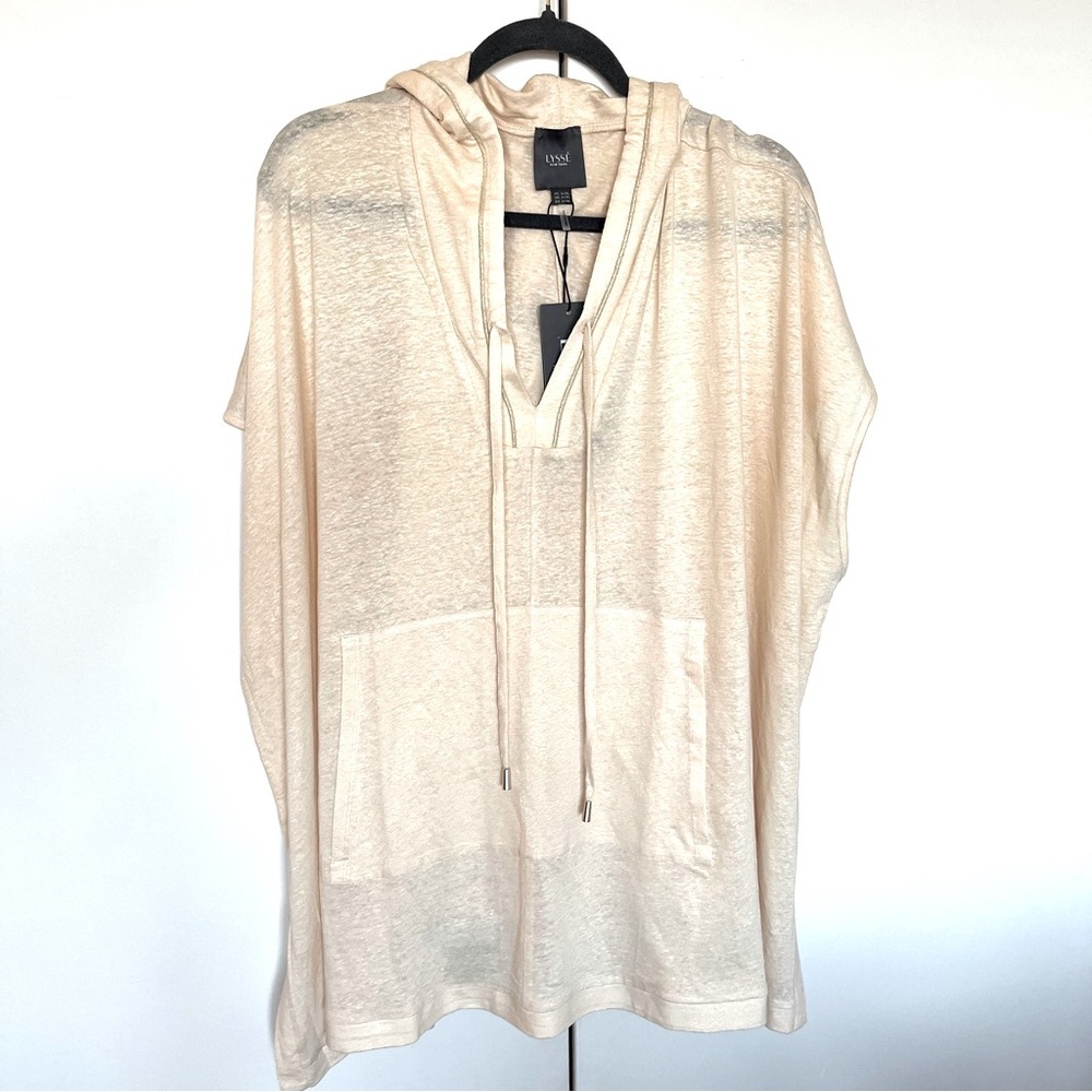 Lysse Linen Top L XL Cream Hooded Short Sleeve Lounge Semi-Sheer Shirt NEW